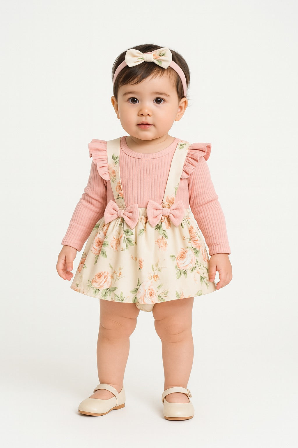 Floral Suspender Romper Set for Baby Girls – Ribbed Long Sleeve Bodysuit with Headband - Inayah Fashion