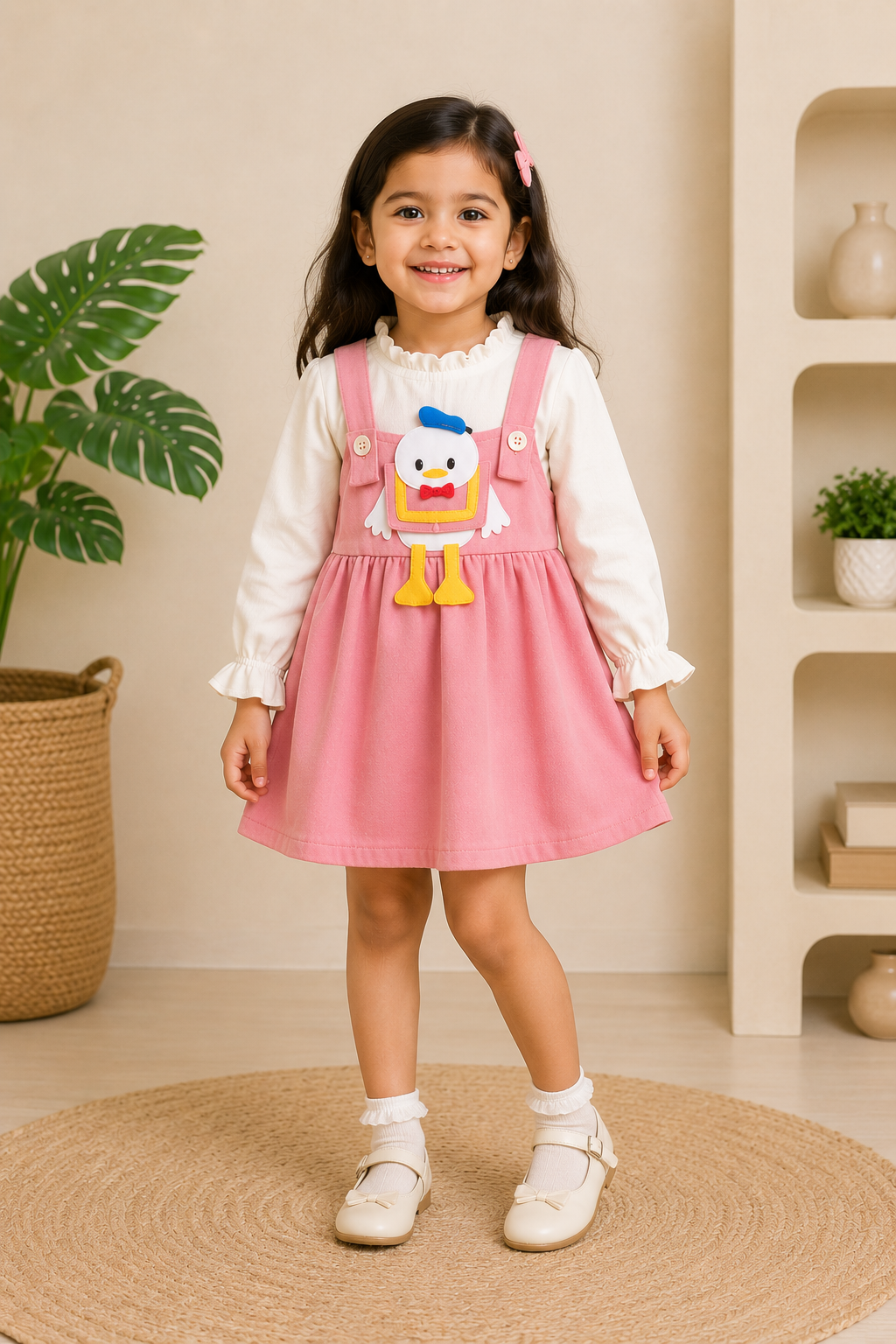 Rosy duck charm pinafore dress set for baby girls