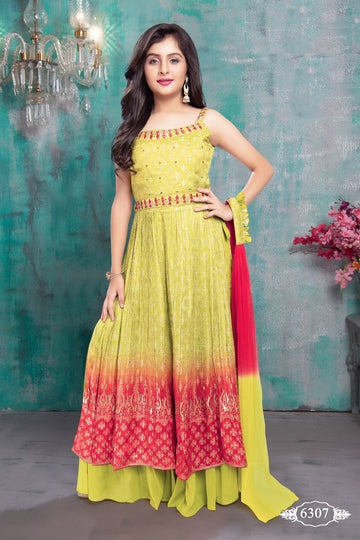 Elegant Ombre Green & Red Anarkali Gown with Dupatta for Girls - Inayah Fashion
