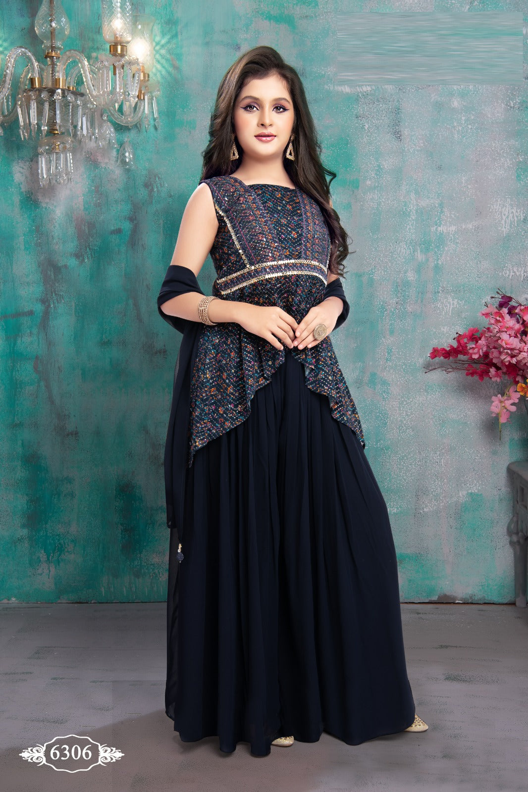 Navy blue designer peplum palazzo set for girls with dupatta