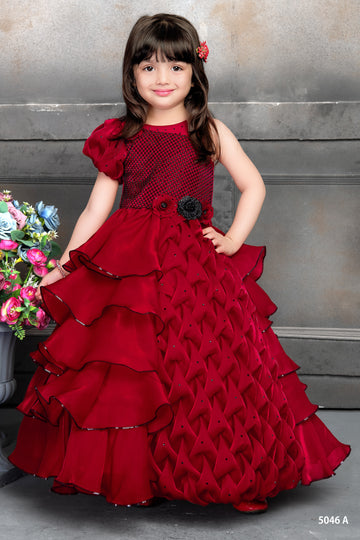Girls Premium Red Designer Layered Gown with Ruffle Skirt & Floral Waist Detail-FESTIVE DRESS FOR GIRLS
