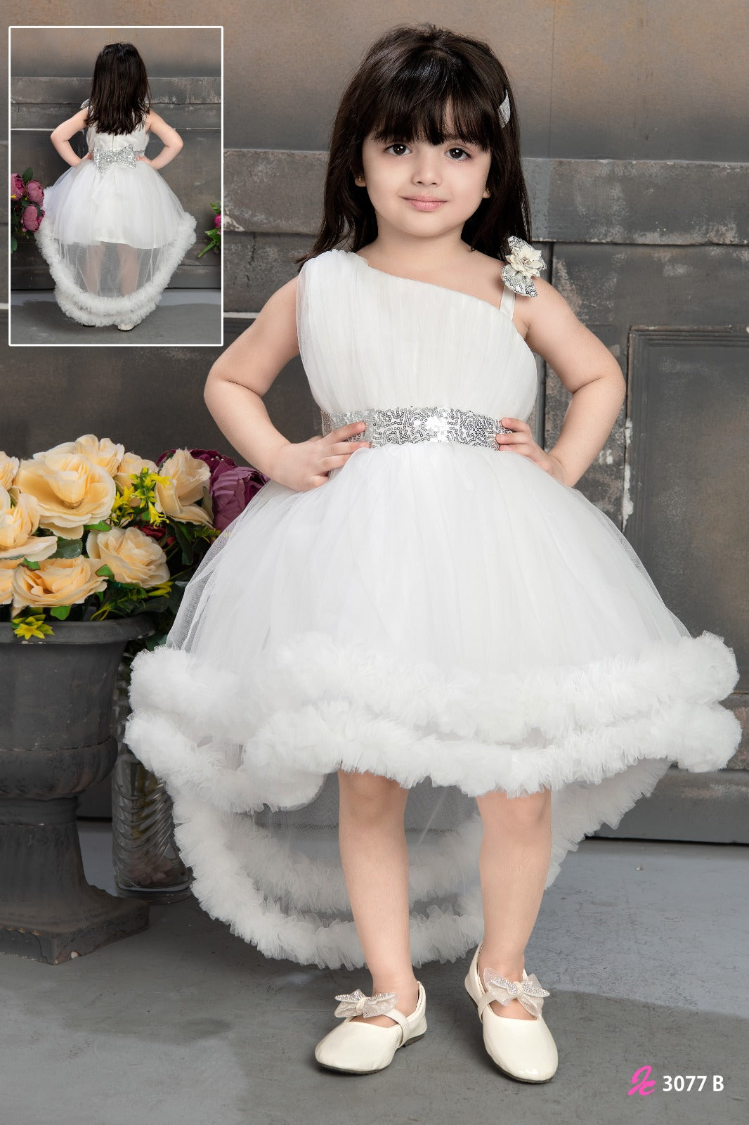 White one-shoulder high-low party frock for girls with silver waist belt