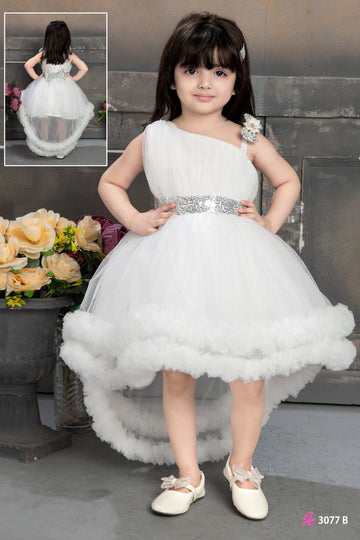 White one-shoulder high-low party frock for girls with silver waist belt
