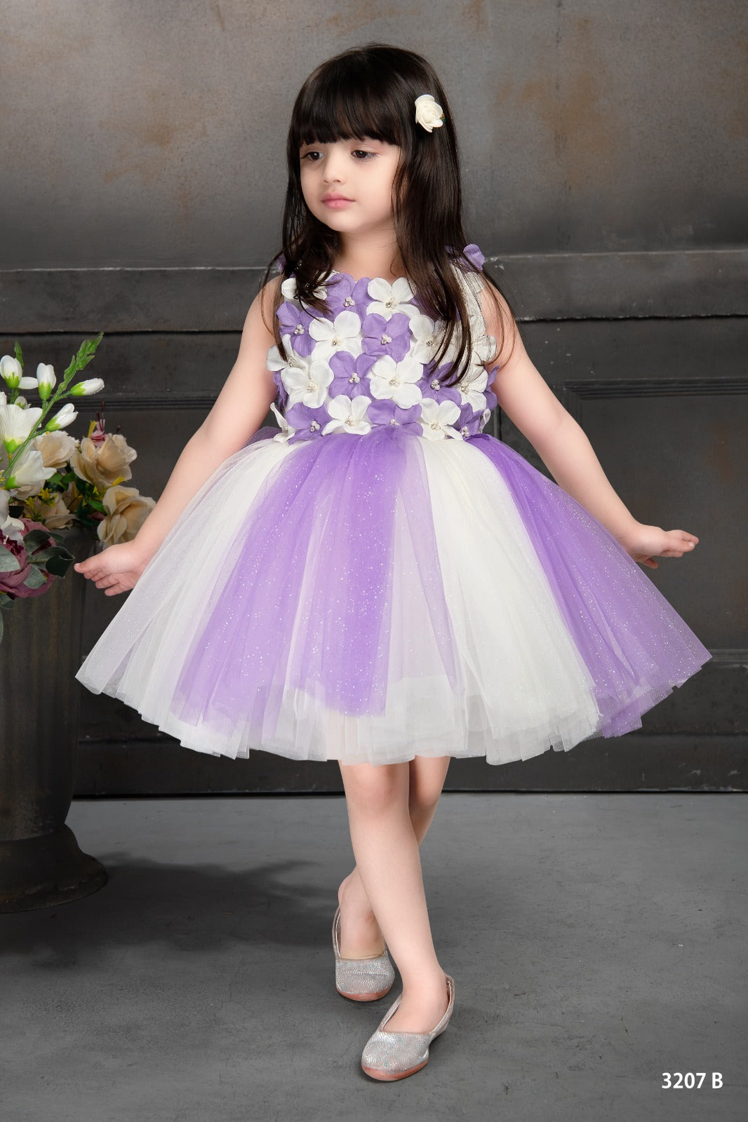 Lavender and white flower applique party dress for girls