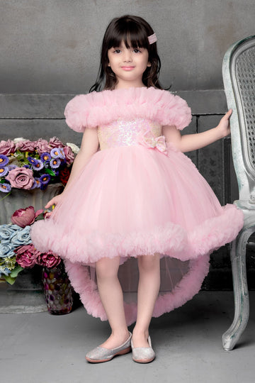 Elegant Baby Pink Ruffle High-Low Party Gown for Girls - Inayah Fashion