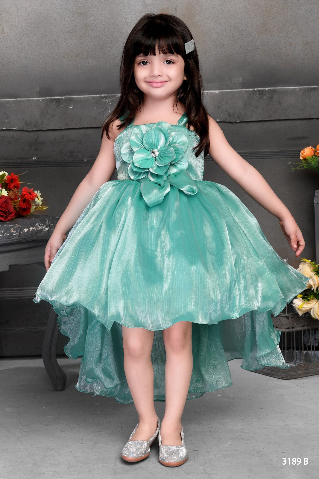 Shimmering Green High-Low Party Dress for Girls - Inayah Fashion