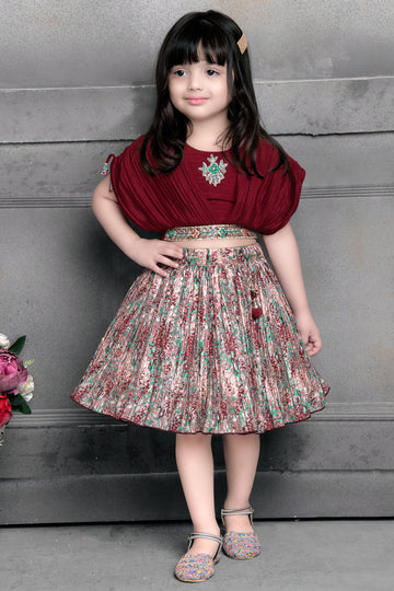 Maroon Designer Crop Top & Printed Pleated Skirt for Girls