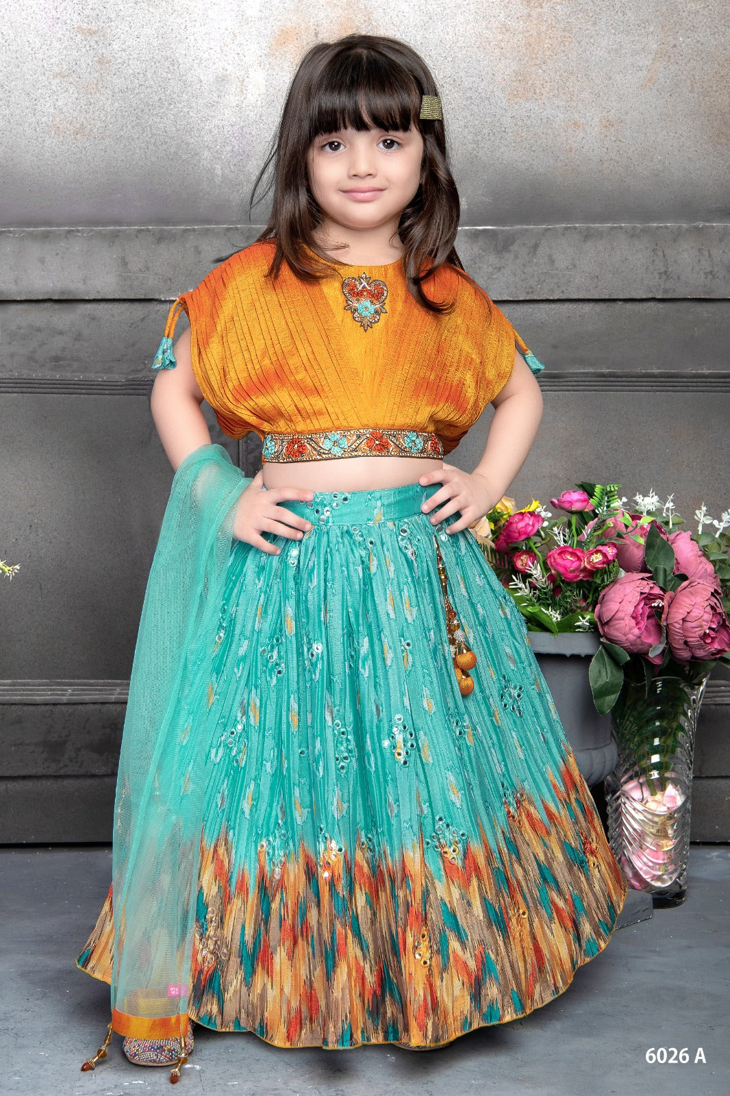 Sunset Radiance Girls' Ethnic Lehenga Set – Orange & Aqua Teal - Inayah Fashion
