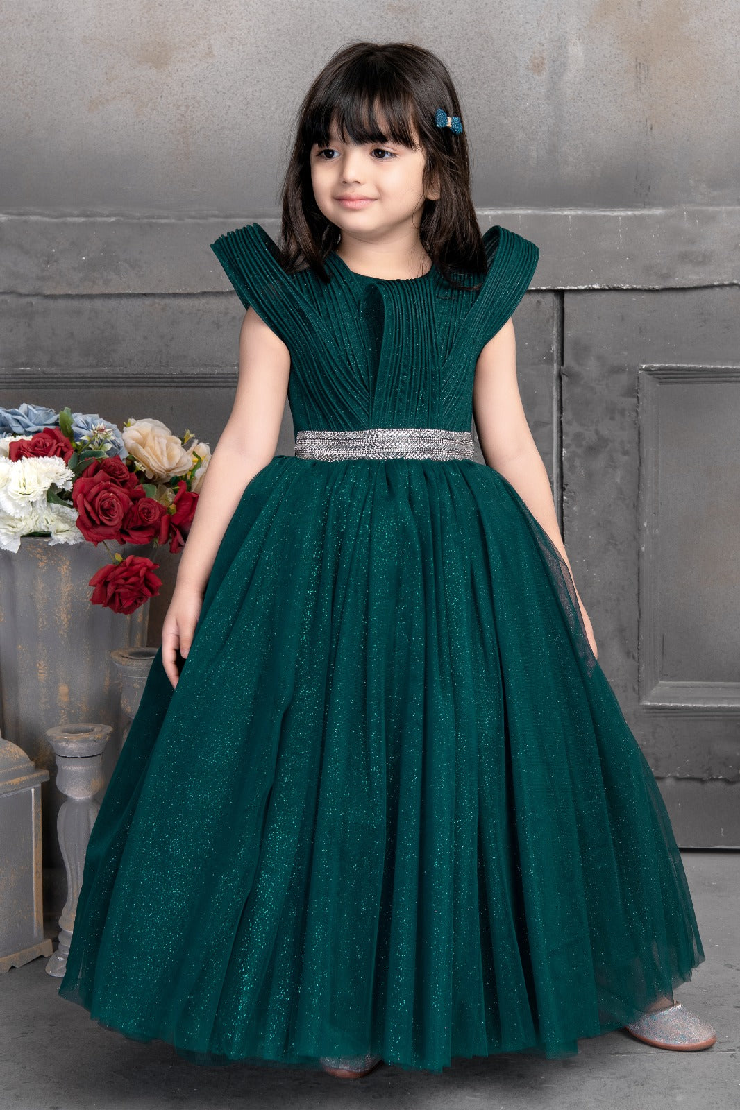 Bottle Green Elegant Multi Layered Party wear Applique Party Dress - Inayah Fashion