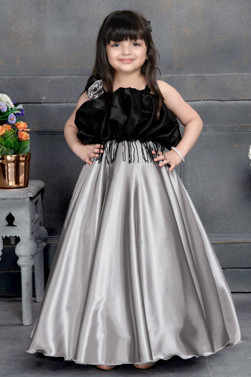 Moonlight Muse Girls' Gown – Black & Silver Satin Party Dress - Inayah Fashion