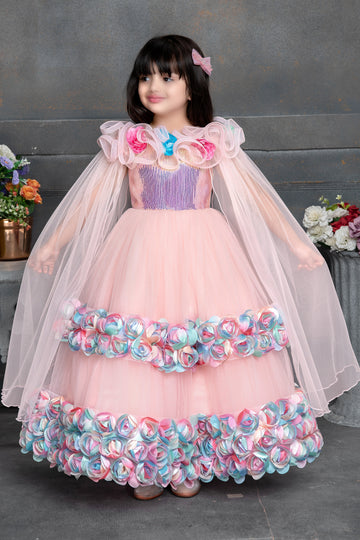irls Pastel Pink Designer Gown with 3D Floral Hem & Cape Sleeves-Birthday dress for girls