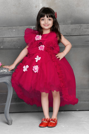 Girls Wine Red High-Low Floral Party Dress-luxury kids dresses