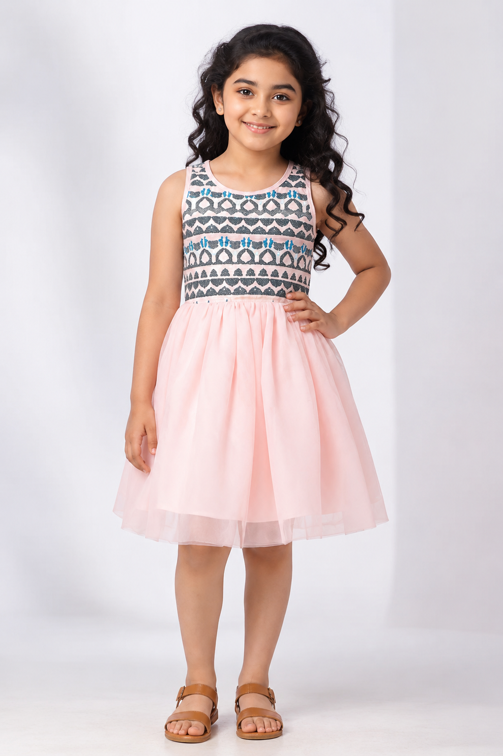 Pink applique knee-length dress for girls with beaded bodice and net skirt