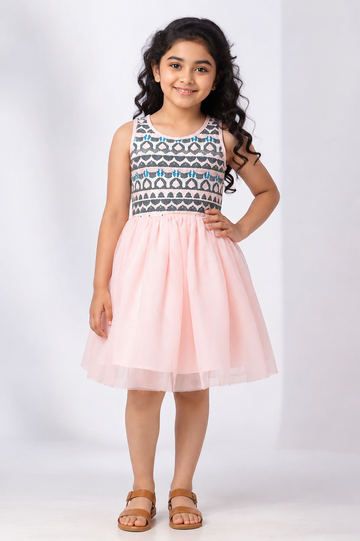Pink applique knee-length dress for girls with beaded bodice and net skirt