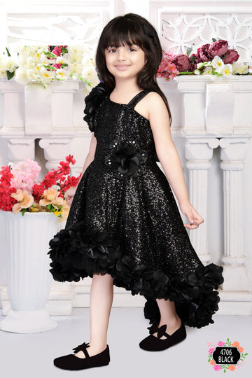 Elegant Black Sequin High-Low Party Dress for Girls-kids partywear india