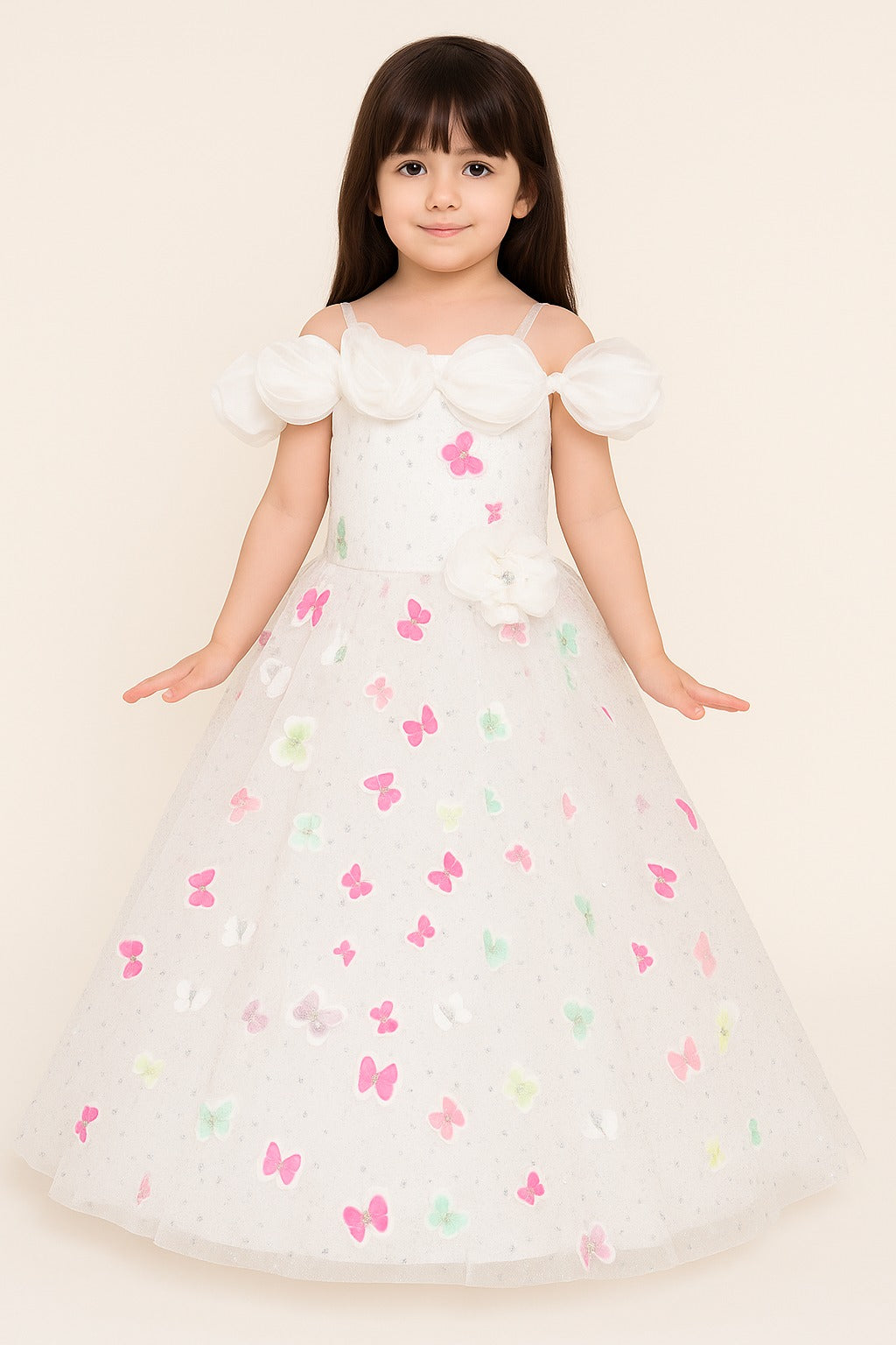 White Butterfly Gown for Girls – Off-Shoulder Sparkle Party Dress with 3D Floral Detail - Inayah Fashion