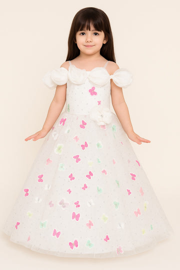 White Butterfly Gown for Girls – Off-Shoulder Sparkle Party Dress with 3D Floral Detail - Inayah Fashion