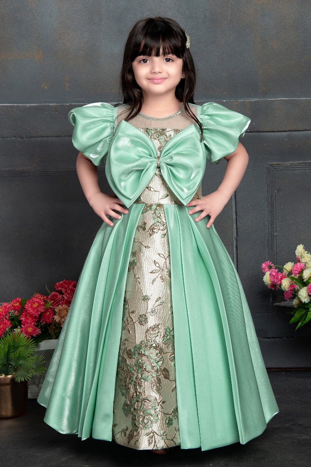 Girls Mint Green Designer Party Dress with Statement Bow & Embroidered – Inayah Fashion