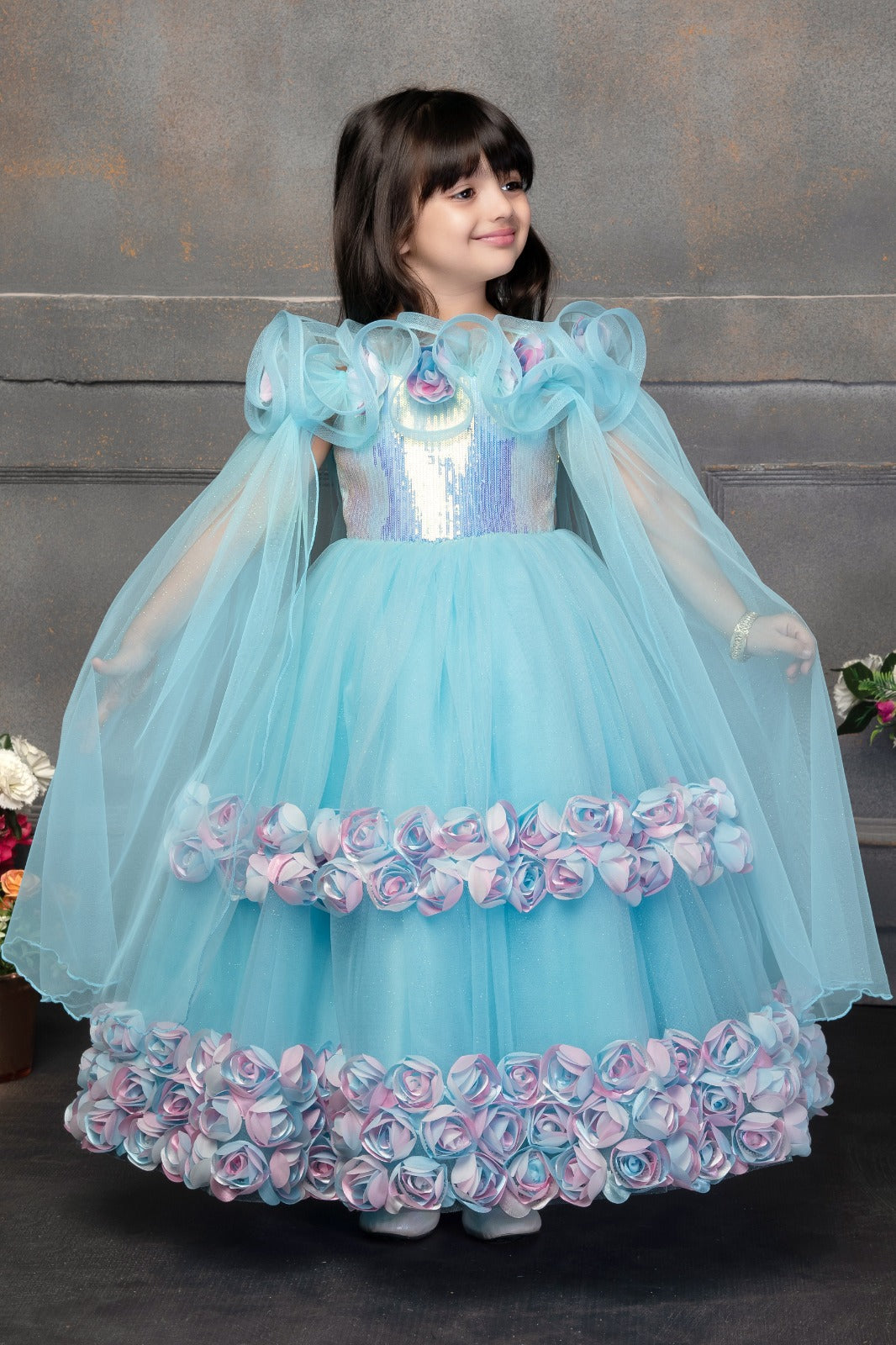 Aqua Blue Princess Gown with 3D Floral Embellishments and Sequin Bodice - Inayah Fashion