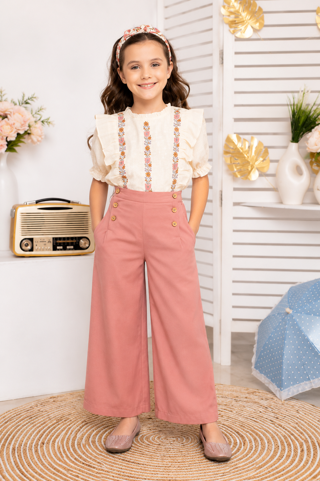 Girls peach wide-leg suspender pants with embroidered ruffle top