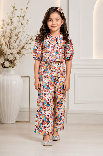 Girls printed co-ord set with collared shirt and wide-leg pants