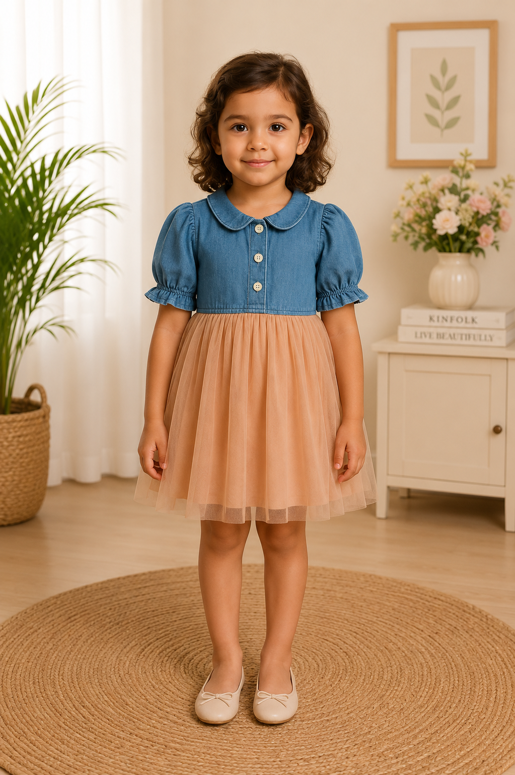 Denim top with peach tulle skirt dress for girls with Peter Pan collar