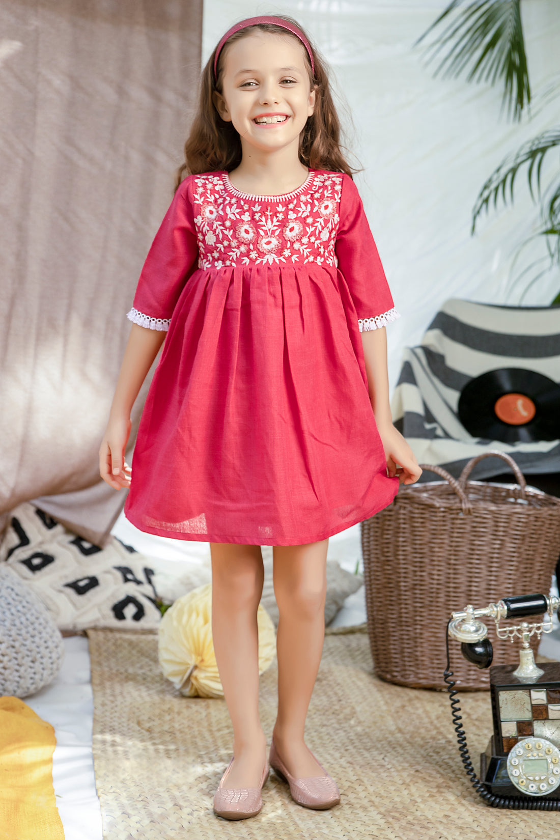 Red Cotton Casual Frock with White Floral Embroidery - Inayah Fashion