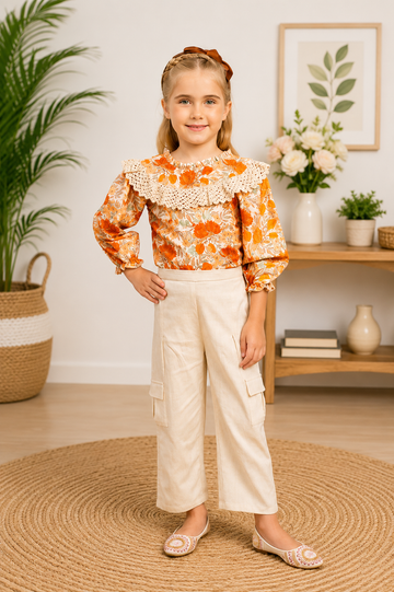 Girls floral ruffle-collar top with beige cargo pants set