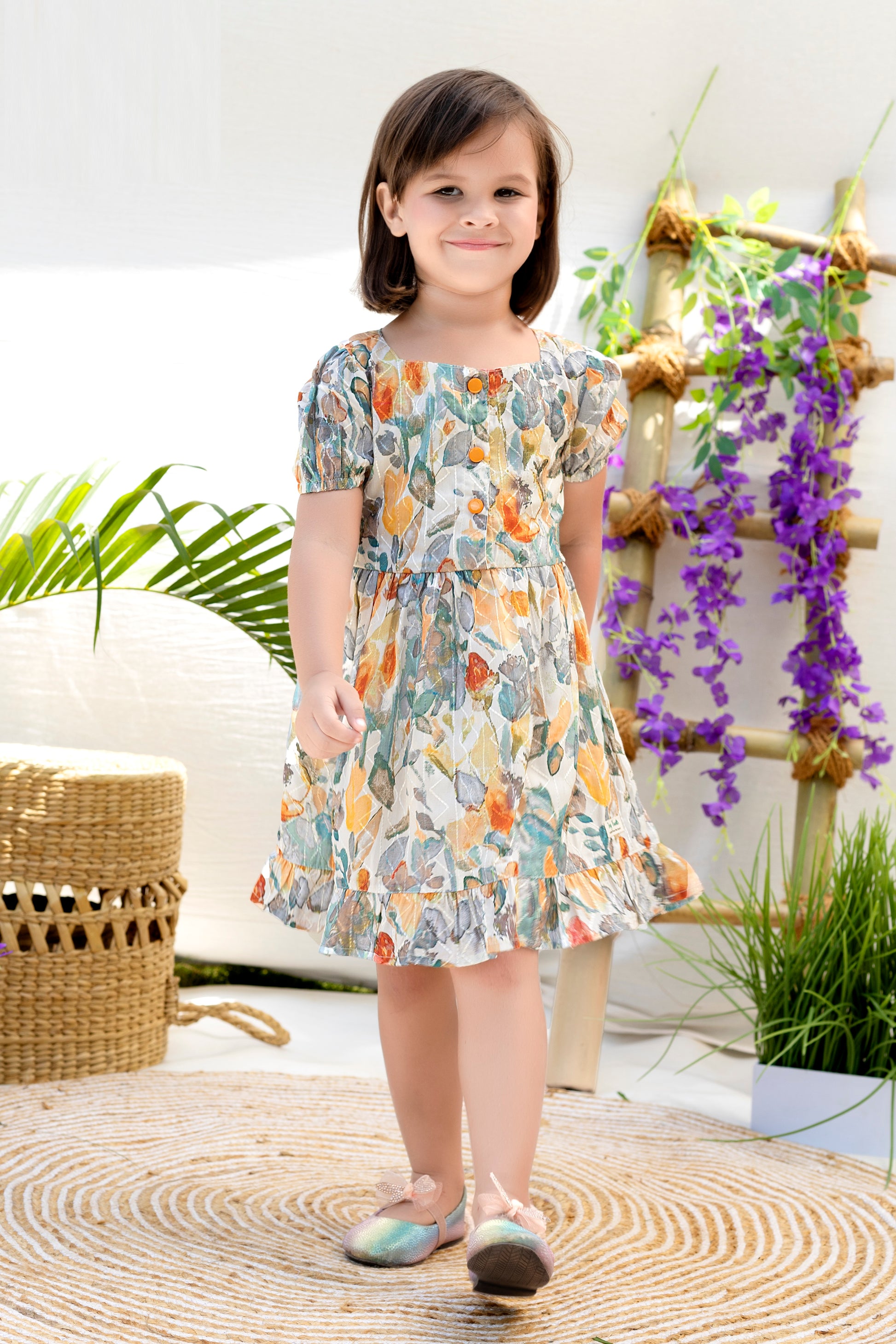Floral print lightweight cotton summer frock for girls with ruffle hem