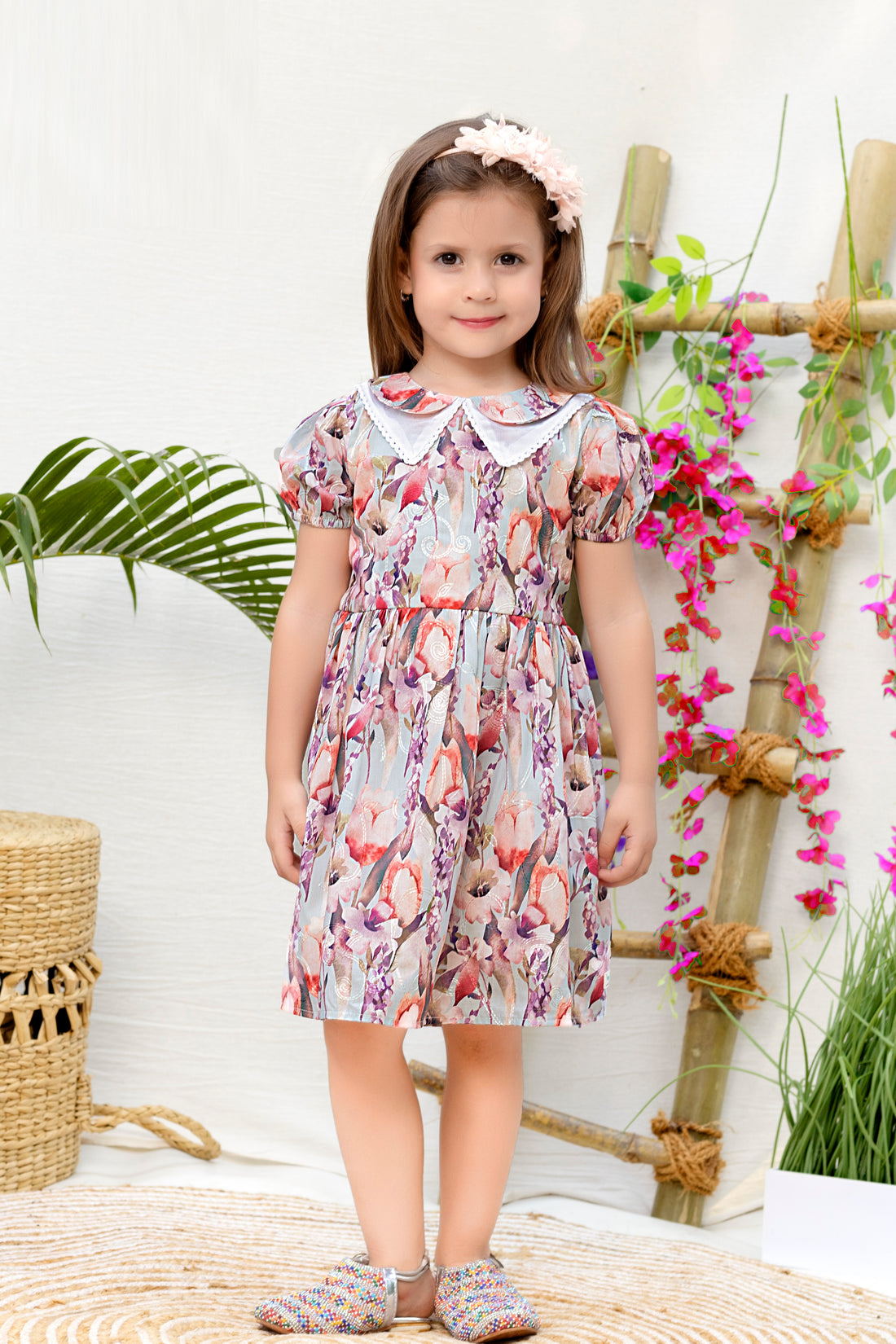 Girls Floral Printed Cotton Dress with White Peter Pan Collar – Puff Sleeve Casual & Party Outfit – Elegant Summer Wear - Inayah Fashion