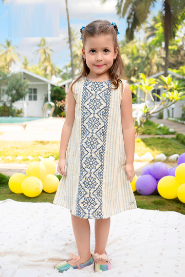 Girls’ Cream and Blue Embroidered Sleeveless A-Line Dress