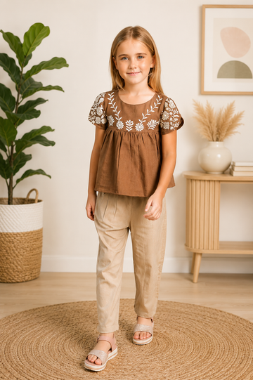 Beige Blossom Embroidered Outfit for Kids