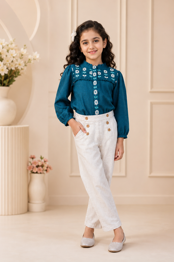 Sunset Blush Embroidered Elegance Teal & Beige Embroidered Ensemble