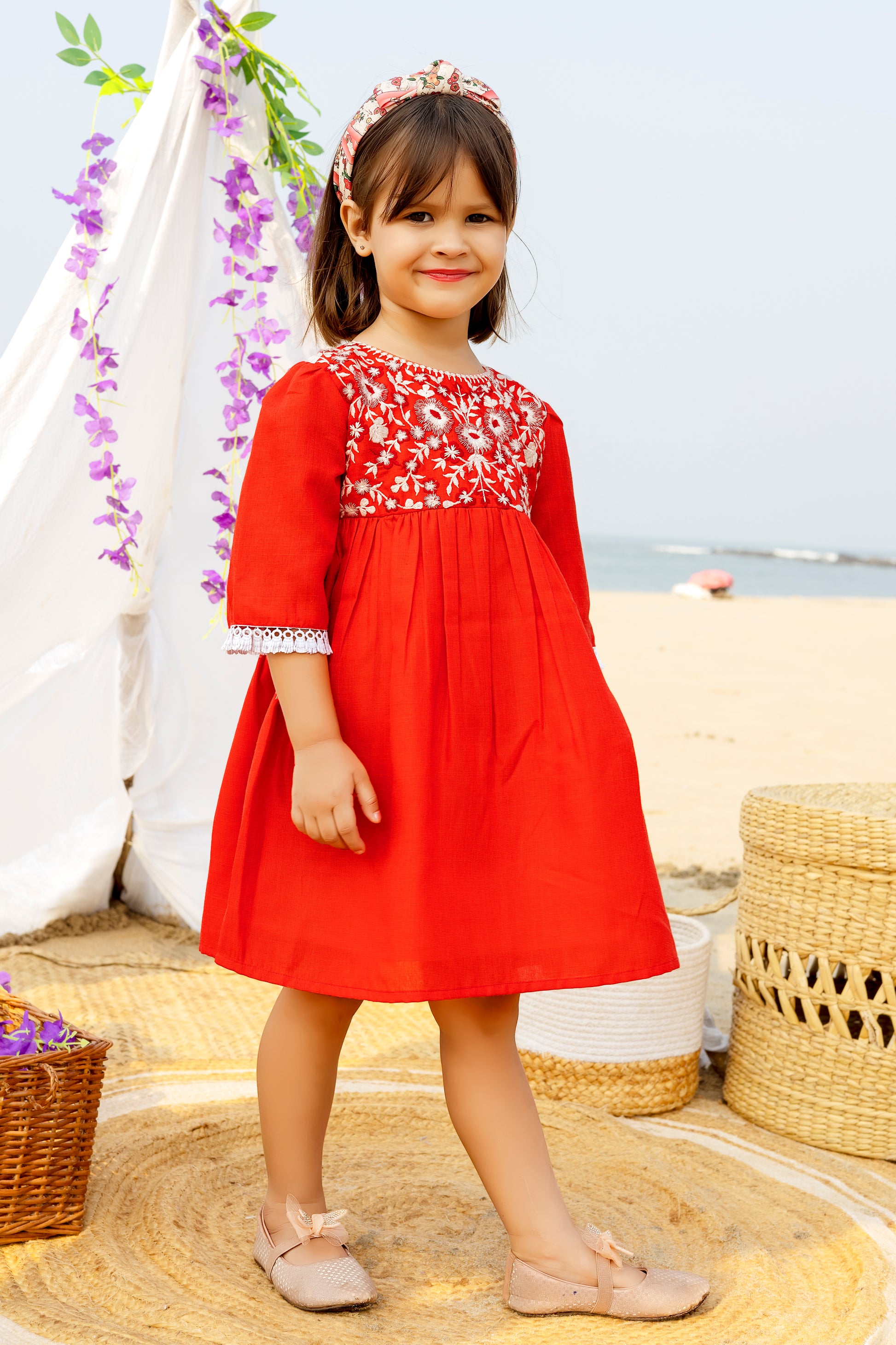 Girls Red Cotton Embroidered Party Dress with Floral White Thread Work – 3/4th Sleeve Knee-Length Festive Outfit with Lace Detailing - Inayah Fashion