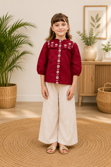 Sunset Blush Embroidered Elegance: Kids' Traditional Chic Top in Radiant Maroon