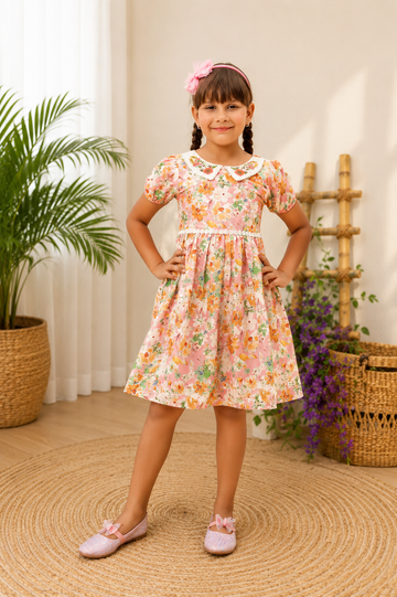 Floral Cotton Frock for Girls – Pink Summer Dress with Peter Pan Collar & Puff Sleeves
