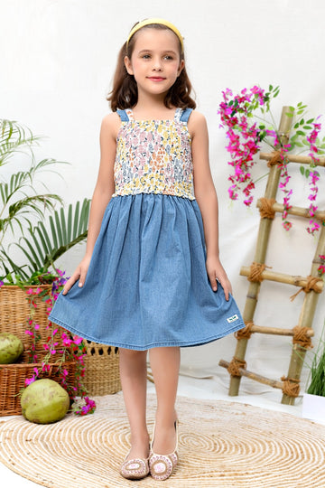 Girls floral smocked top with denim skirt dress