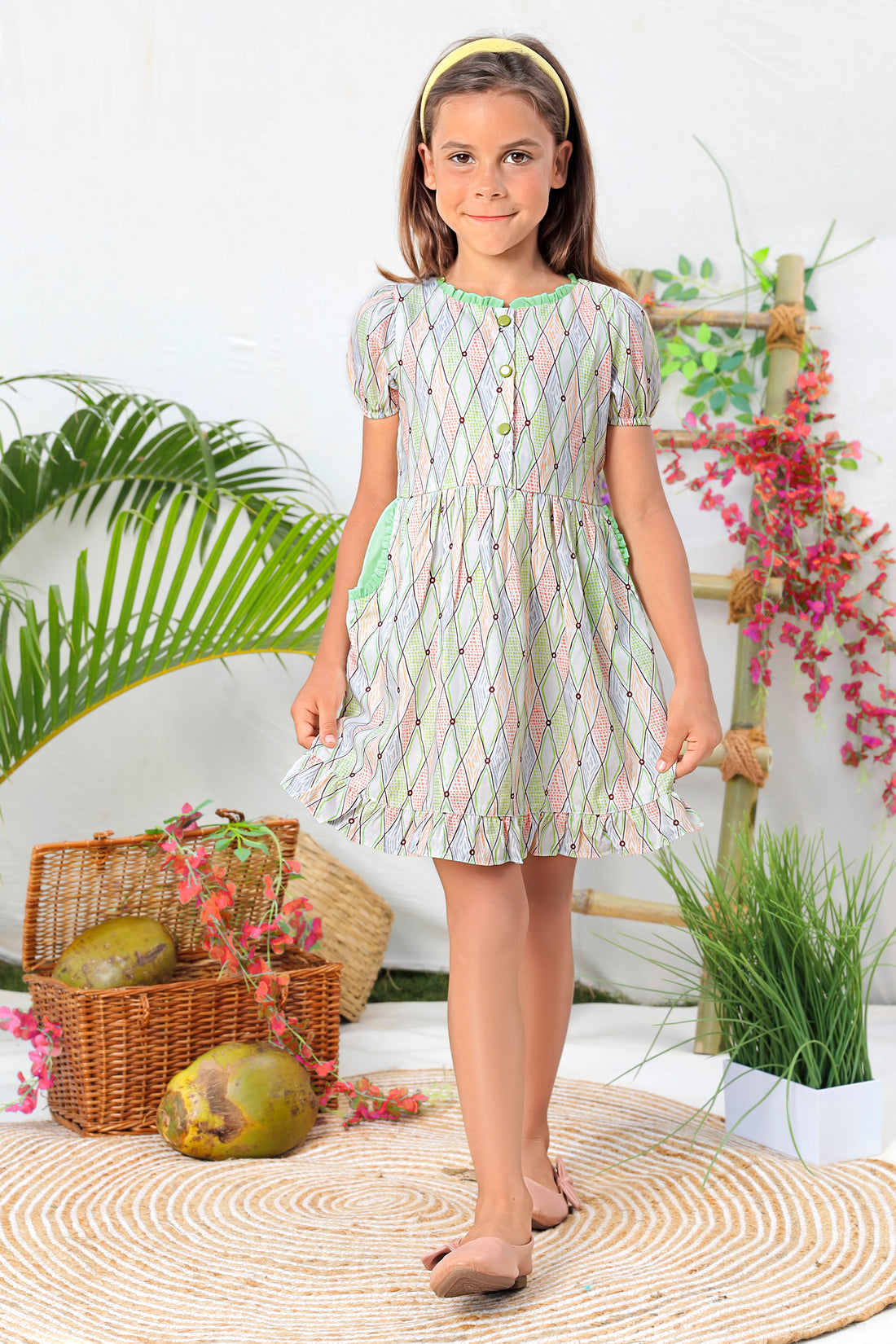 Colorful Geometric Print Puff Sleeve Summer Dress for Girls - Inayah Fashion