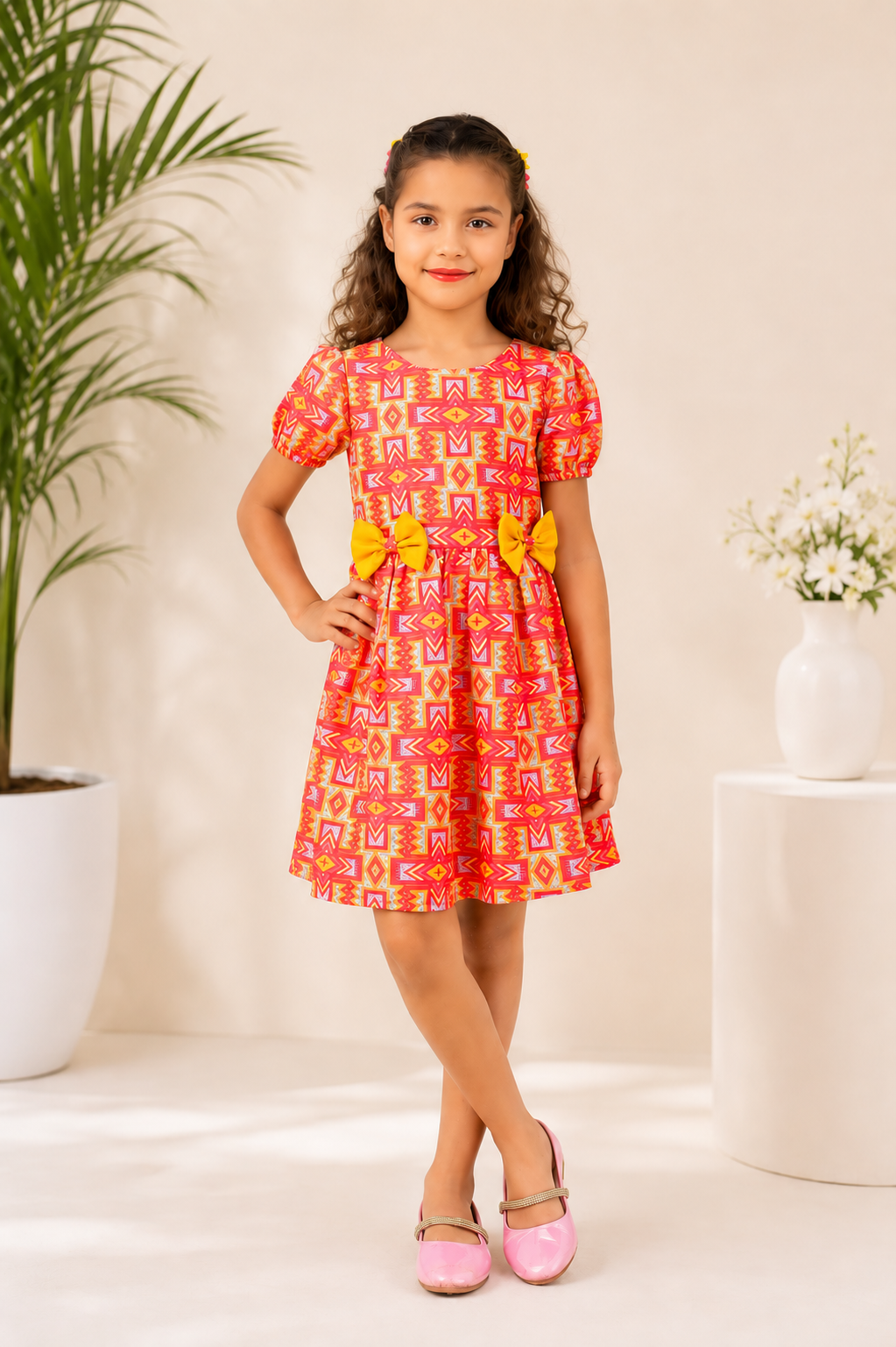Red geometric print summer dress for girls with puff sleeves and yellow bows