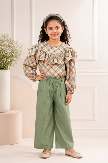 Sun-Kissed Elegance Vintage Checkered Top and Meadow Green Corduroy Pants Set