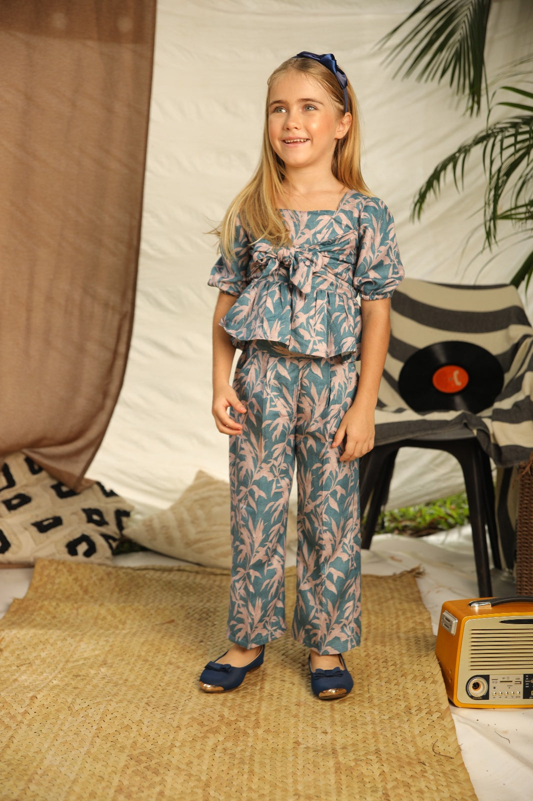 Tropical Breeze Co-Ord Set – Blue & Pink Leaf Print Top and Pant for Girls - Inayah Fashion