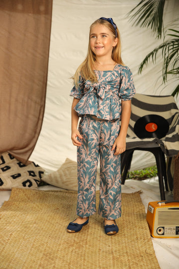Tropical Breeze Co-Ord Set – Blue & Pink Leaf Print Top and Pant for Girls - Inayah Fashion