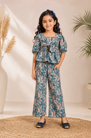 Tropical Breeze Co-Ord Set – Blue & Pink Leaf Print Top and Pant for Girls