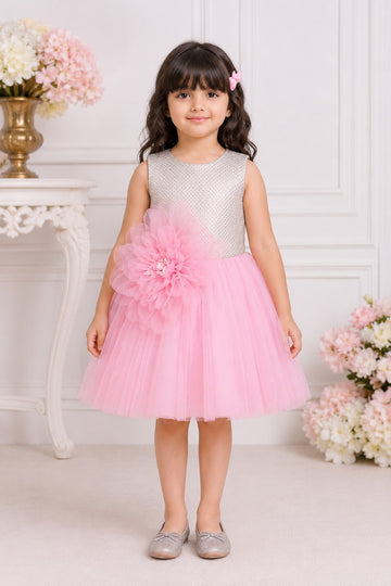 Pink Tulle Party Dress with Large Floral Accent for Girls-Festive dress for girls