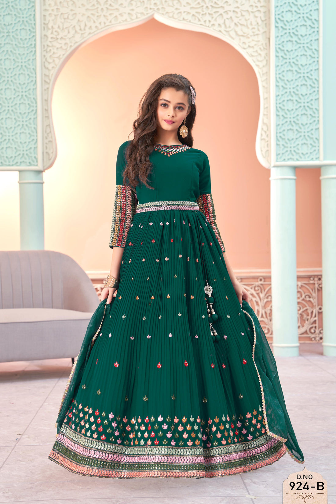 Dark Green Embroidered Anarkali Gown with Dupatta – Floor-Length Flared Dress with Mirror Work Neckline & Multicolor - Inayah Fashion
