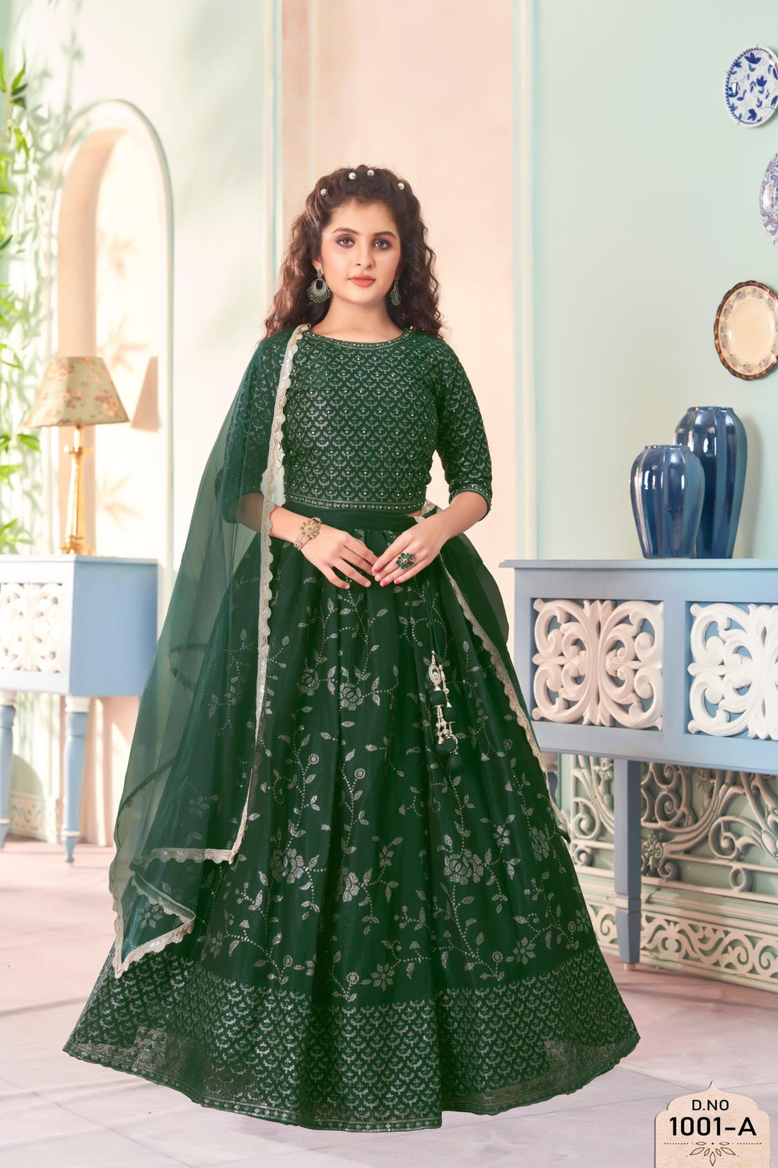 Elegant Green Embroidered Lehenga Set for Girls - Inayah Fashion