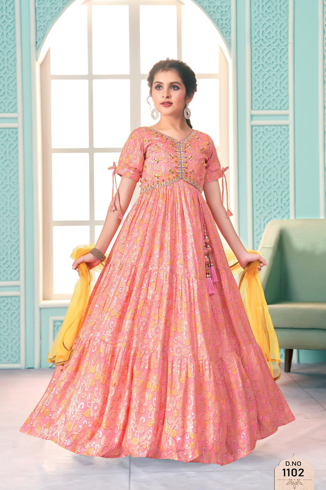 Elegant Pink Brocade Anarkali Gown with Yellow Dupatta - Inayah Fashion