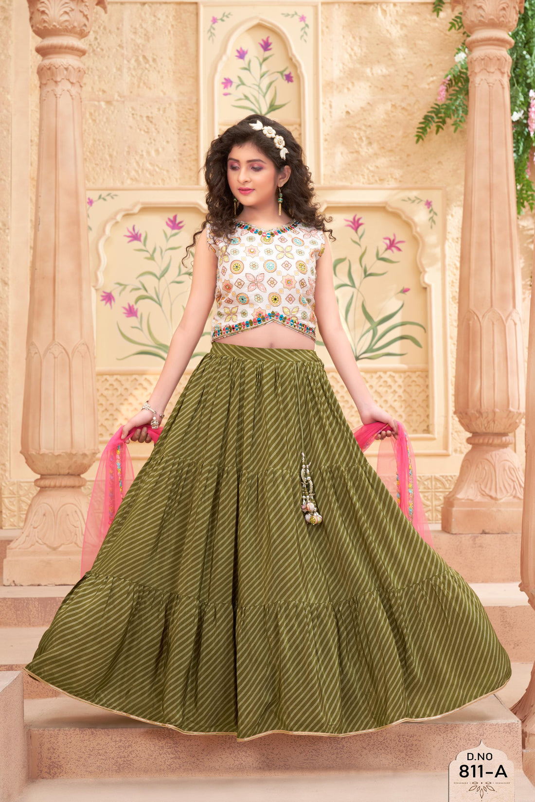 Trendy Olive Green Lehenga with Embroidered Crop Top – Stylish Ethnic Wear Set for Girls with Mirror Work & Dupatta - Inayah Fashion