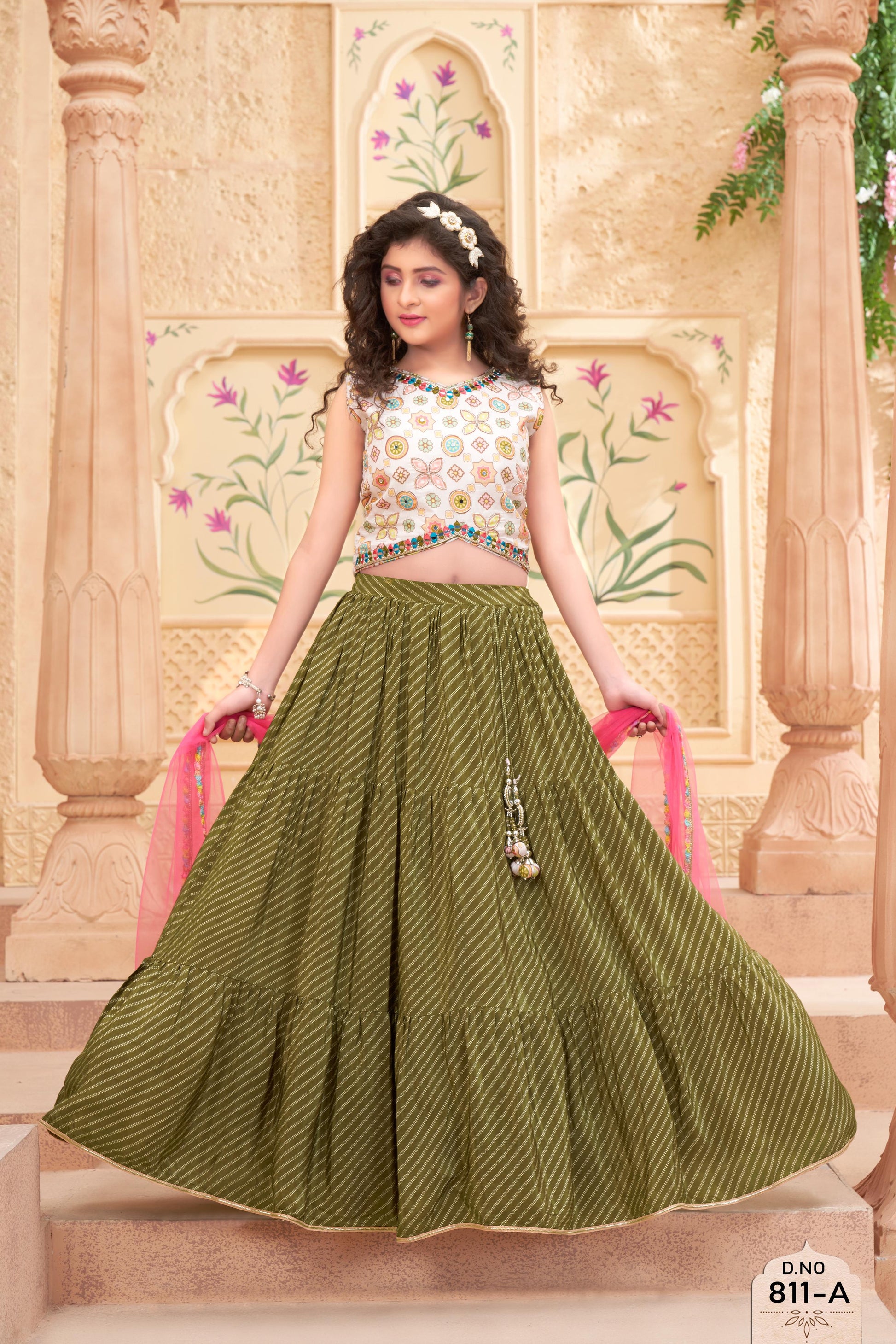Trendy Olive Green Lehenga with Embroidered Crop Top – Stylish Ethnic Wear Set for Girls with Mirror Work & Dupatta - Inayah Fashion