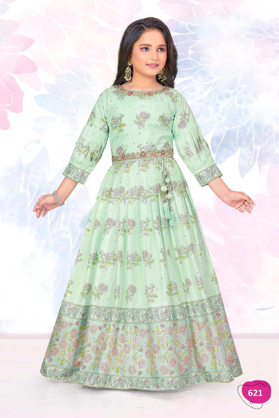 Pastel Green Floral Anarkali Gown with Embroidered Belt - Inayah Fashion